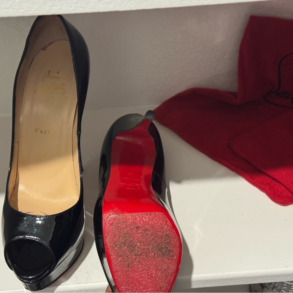 Christian Louboutin Black Peep Toe Pumps with Red Soles - Picture 3 of 4